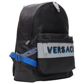 new VERSACE Reflective Logo black nylon blue Greca nylon strap backpack Black