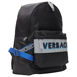 Versace-new VERSACE Reflective Logo black nylon blue Greca nylon strap backpack-Black