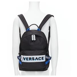 Versace-new VERSACE Reflective Logo black nylon blue Greca nylon strap backpack-Black