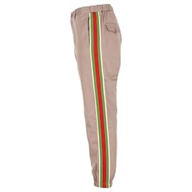 Gucci-Gucci Contrast Stripe Logo Trim Detail Trousers in Brown Cotton-Brown