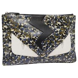 Fendi-FENDI Bugs Monster Clutch Bag PVC Leather Navy Silver Auth th5282-Silvery,Navy blue