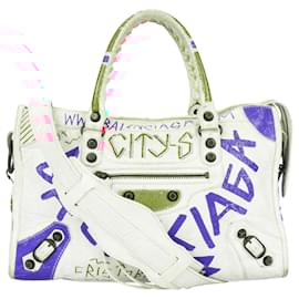Balenciaga-Balenciaga Agneau Graffiti Small City Bag-White