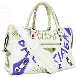 Balenciaga-Balenciaga Agneau Graffiti Small City Bag-White