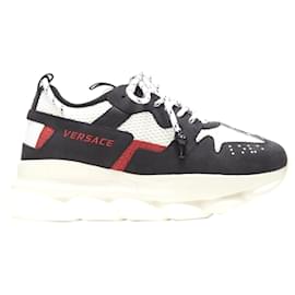 Versace-Versace Chain Reaction Black White Red Suede Mesh Low Chunky Sneaker Eu40-Black