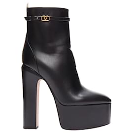 Autre Marque-Valentino 2023 Tango 155 Black Leather Vlogo Gold Buckle Platform Boots Eu39-Black