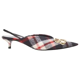 Balenciaga-Balenciaga Bb Knife Gold Logo Red Black Plaid Wool Sling Kitten Pump Eu38.5-Red