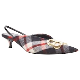 Balenciaga-Balenciaga Bb Knife Gold Logo Red Black Plaid Wool Sling Kitten Pump Eu38.5-Red