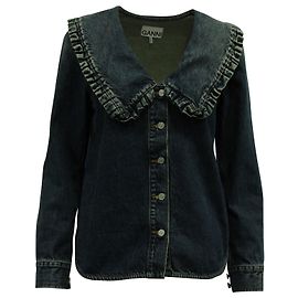 Camicia con colletto arricciato oversize Ganni in denim di cotone blu Blu