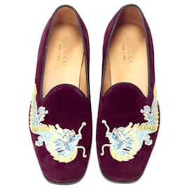 Gucci-Gucci Oriental Dragon Embroidered Burgundy Suede Laofer Uk7 Us8 Eu41-Red,Dark red