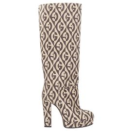 Gucci Mini Diamond B Plattformstiefel aus GG Monogramm Jacquard EU36 Braun