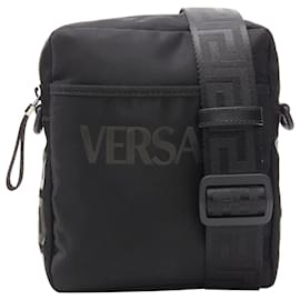 Versace-new VERSACE La Greca Vintage 90s Logo print black nylon crossbody bag-Black