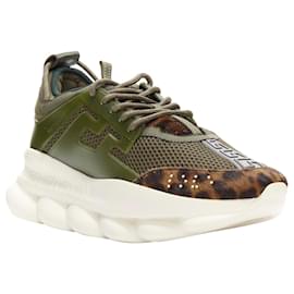 Versace-Versace Chain Reaction Wild Leopard Green Suede Low Chunky Sneaker Eu43-Green