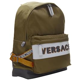 Versace-nova mochila VERSACE em nylon verde com logo refletivo e alça Greca laranja-Verde