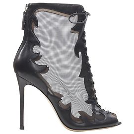 Gianvito Rossi Stivaletto in pelle nera trasparente con punta aperta e lacci EU38 Nero