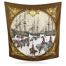Hermès-Hermes Vintage Brown Silk Scarf Marine et Cavalerie 1967 Ledoux-Brown