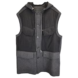 Kenzo- Kenzo K Patch Button Down Hooded Vest Jacket in Grey and Black Wool and Nylon-Grey