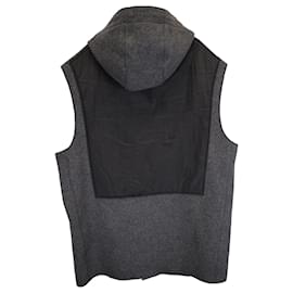 Kenzo- Kenzo K Patch Button Down Hooded Vest Jacket in Grey and Black Wool and Nylon-Grey