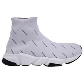 Balenciaga-Balenciaga Speed All Over Logo Knitted High-Top Sneakers in White Polyester-White