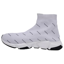 Balenciaga-Balenciaga Speed All Over Logo Knitted High-Top Sneakers in White Polyester-White