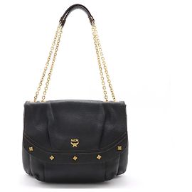MCM Leather Chain Shoulder Bag Black Gold Black