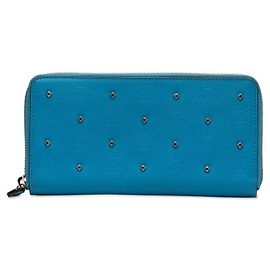 MCM Visetos Logo Studded Zip-Around Wallet Blue PVC Blue