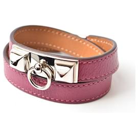 Hermès-Hermes Leather Rivale Double Tour Bracelet Purple/Silver-Purple