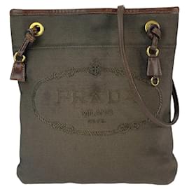 Prada-Prada Logo Jacquard Canvas Leather Shoulder Bag-Brown