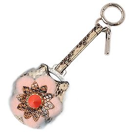 Fendi Mink Fur Python Bag Charm Key Ring Flower Mirror 7AR455 Blue