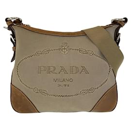 Prada-Prada Canvas Leather Logo Jacquard Shoulder Bag-Beige