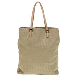 Fendi-FENDI Zucchino Canvas Tote Bag Beige Gold Auth 90378-Beige,Golden