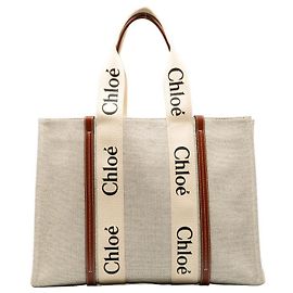 Chloé Chloe Canvas Leather Woody Large Tote Bag CHC22AS Beige