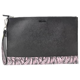 Prada-Prada Saffiano Banana Clutch Bag Black/Yellow-Black
