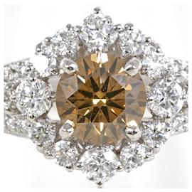 Autre Marque-PT900 Platinum Ring with Brown Diamond 1.304 SI1 and Diamond 0.90-Other