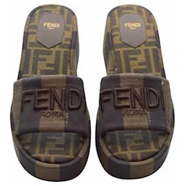 Fendi-FENDI Sunshine platform slides Brown Logo Embroidered Slippers sz 37-Brown