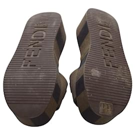 Fendi-FENDI Sunshine platform slides Brown Logo Embroidered Slippers sz 37-Brown