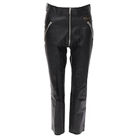 Balenciaga-Balenciaga Demna 2017 Logo Patch Silver Zip Cropped Moto Leather Pants Fr40 L-Black