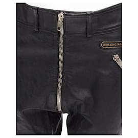 Balenciaga-Balenciaga Demna 2017 Logo Patch Silver Zip Cropped Moto Leather Pants Fr40 L-Black