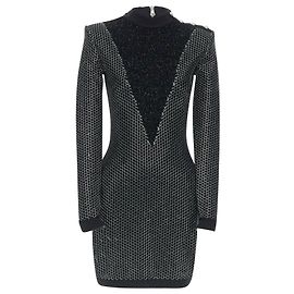Balmain Rousteing Black Silver Thread Fluffy Military Button Bodycon Dress S Black