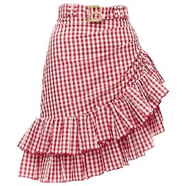 Balmain B Logo Buckle Red White Gingham Ruffled Cottage Skirt Fr34 Xs Red