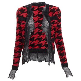 Balmain 2022 Red Black Houndstooth Destroyed Pointelle Knit Mesh Jacket Fr34 Xs Black