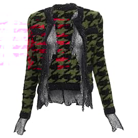 Balmain-Balmain 2022 Red Black Houndstooth Destroyed Pointelle Knit Mesh Jacket Fr34 Xs-Black