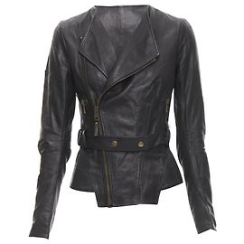 BALENCIAGA 2009 schwarze Lammleder Bikerjacke mit asymmetrischem Kragen Schwarz