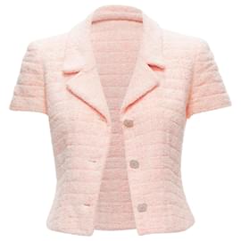 Chanel-Rare Chanel 00T Vintage Cc Logo Button Pink Tweed Cropped Jacket Fr38 M-Pink