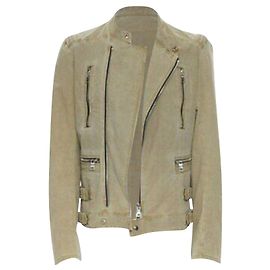 Balmain Beige Khaki Washed Gridwork Cotton Asymmetric Zip Biker Jacket L Green