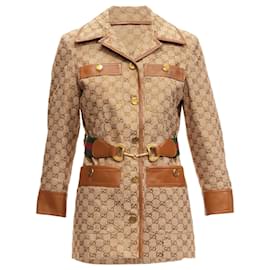 Gucci-Gucci 2022 Aria Crystal Embellished Horsebit Web Belt Gg Canvas Jacket It38 Xs-Brown