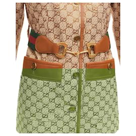 Gucci-Gucci 2022 Aria Crystal Embellished Horsebit Web Belt Gg Canvas Jacket It38 Xs-Brown