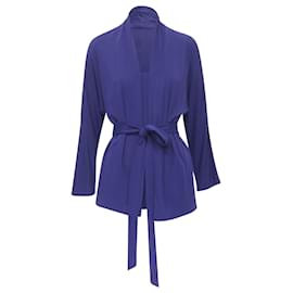 Hermès-Hermes Blue Viscose Scoop Neck Double Layered Belted Cardigan Top Fr40 M-Blue