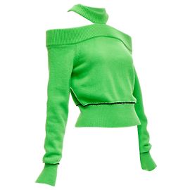 Grüner Wollpullover mit kaltem Schulterdesign und schwarzem Gitternaht von Alexander Mcqueen 2022 S Grün