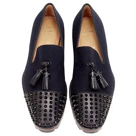 Christian Louboutin Rossini Flat Navy Tweed Spike Toe Frangia Suola Lug Eu42 Blu Blu navy
