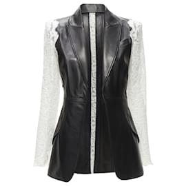 Alexander Mcqueen-Alexander Mcqueen 2020 Black Lamb Leather White Lace Trim Blazer Jacket It38 Xs-Black